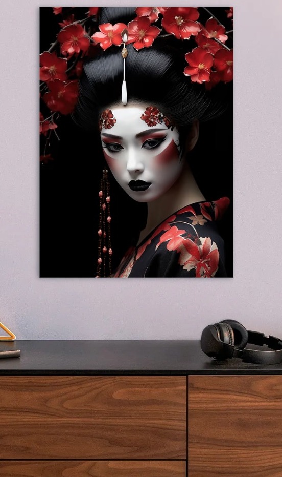 Geisha with Red Flowers and Makeup — metal poster wall art by Lineer